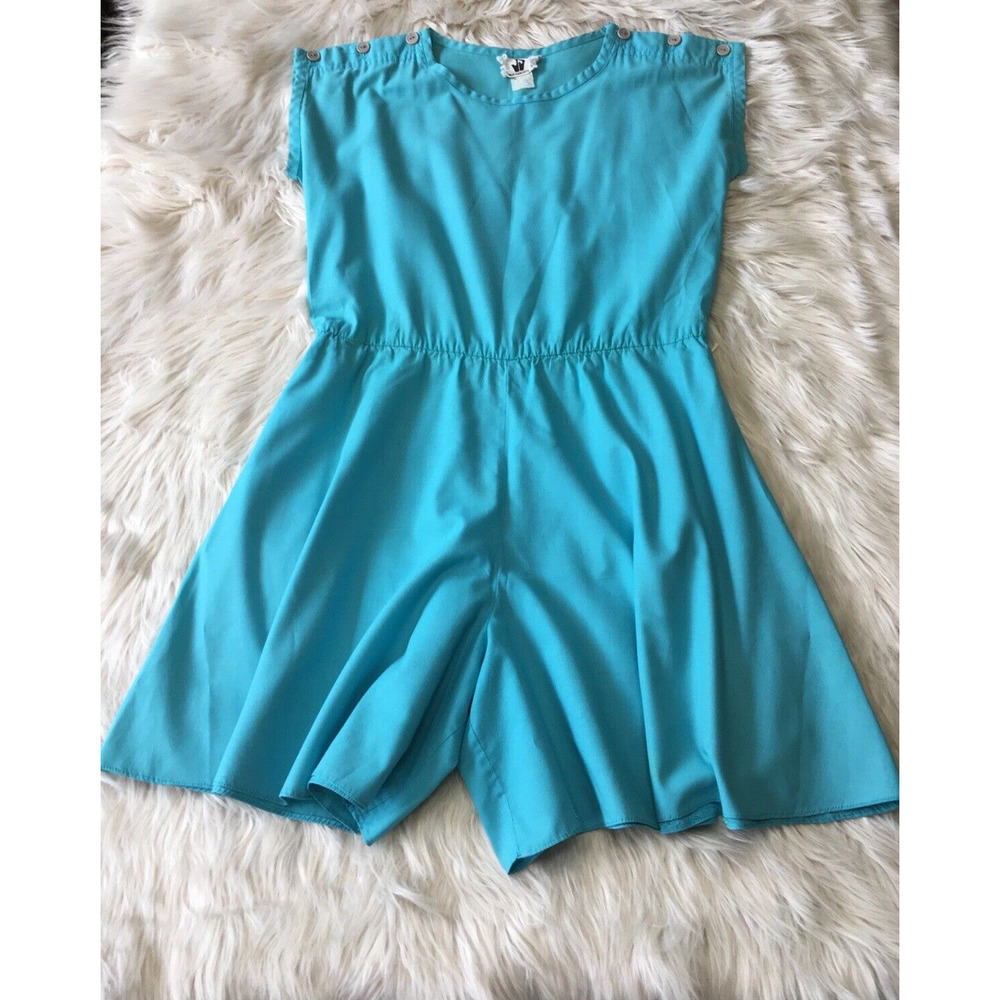 Vintage 1970s Junior Scene Brand Romper Jumper Blue with Shoulder Buttons 70s